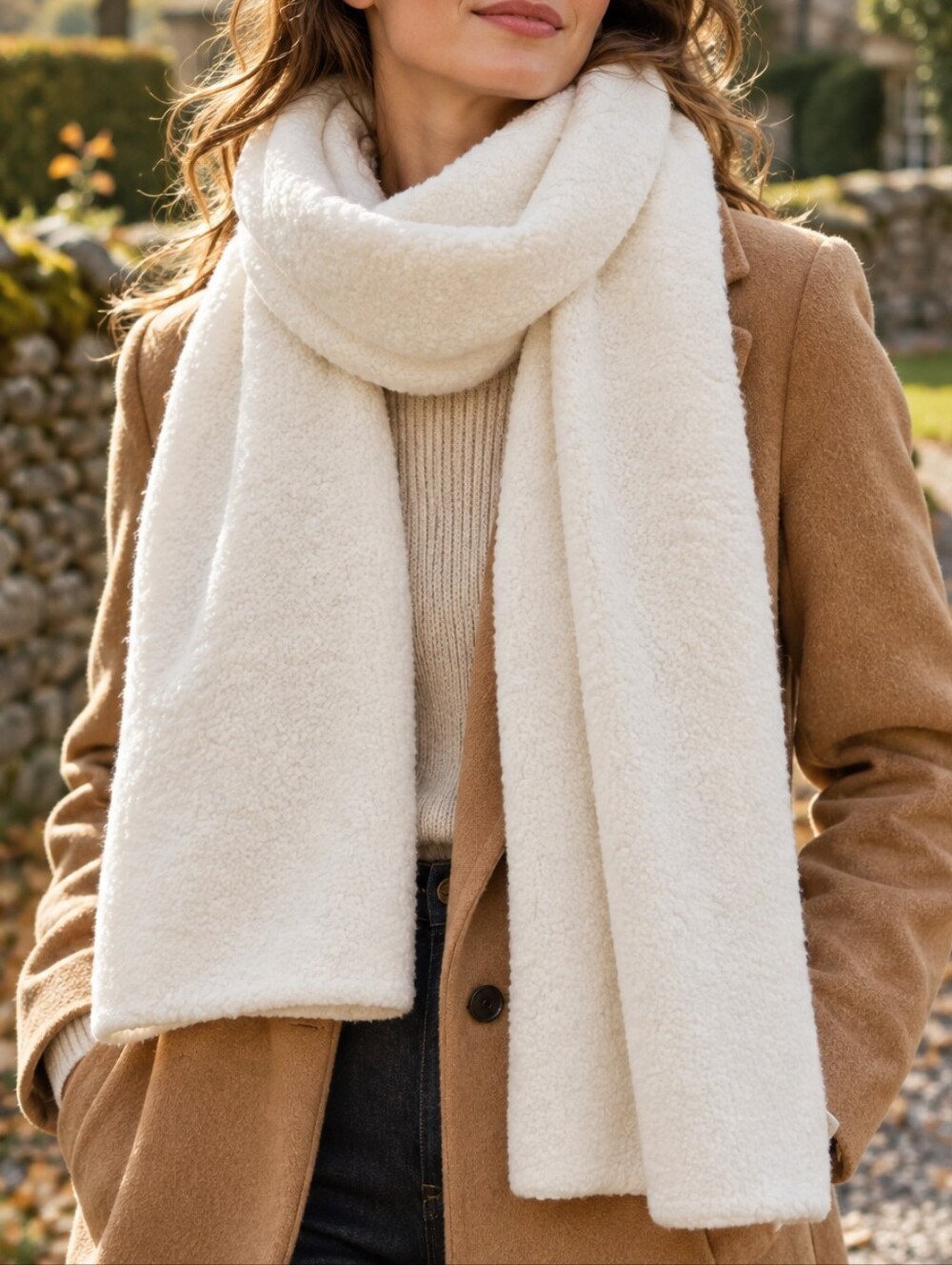 NWT Ivory Wool Blend Bouclé Scarf 13x70" Cozy Quiet Luxury Winter Thick